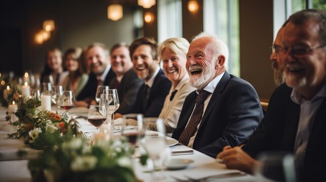 A Group Of People Are Sitting At A Table And Laughing