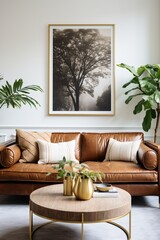 leather couch in a living room with plants and a picture of a tree on the wall