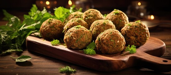 Falafel balls on a wooden board.