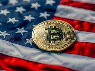 Bitcoin coin on United States flag. - obrazy, fototapety, plakaty