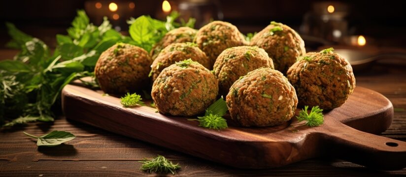 Falafel balls on a wooden board. - Powered by Adobe