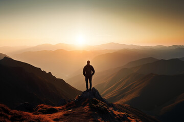 Obraz premium Summit Serenity: Hiker Conquers the Peak, Reveling in the Breathtaking Panorama Below