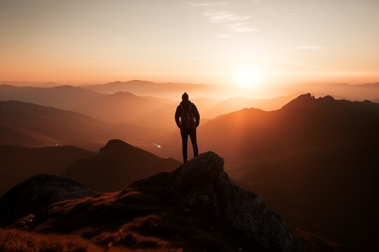 Summit Elation: Hiker Reaches Mountain Apex, Reveling in the Breathtaking Panorama Below
