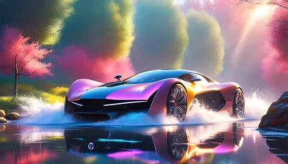 Fotobehang Modern car in bright light and splashes of water, beautiful graphic illustration, pop art,   © Perecciv