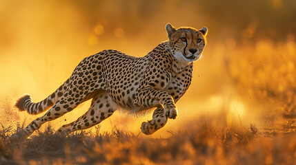 Swift Cheetah Sprinting at Sunset - High-Speed Predator Chase in Dusty African Savannah, Wildlife Action Shot, Endangered Fastest Land Animal - obrazy, fototapety, plakaty