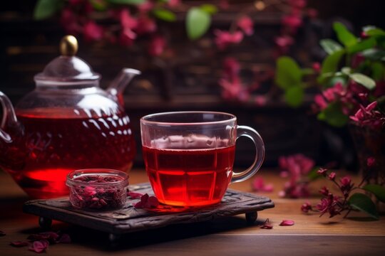 red karkade tea in a glass cup close-up and a teapot in the background. a delicious hot drink.