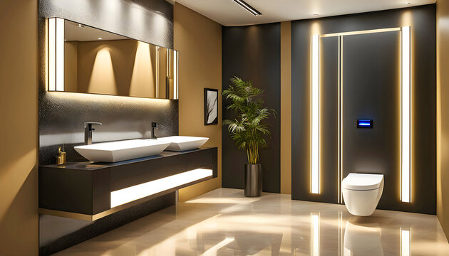 Modern luxury toilet, enclosed dual flush toilet, granite tiled bathroom.	

