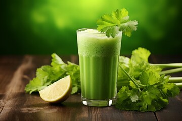 glass of celery smoothie, shake on the table. fresh healthy vegan drink. green vegetable refreshment.