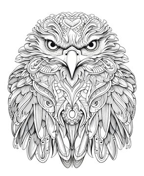 coloring page for adults, mandala, Eagle bird image, white background, clean line art, fine line art