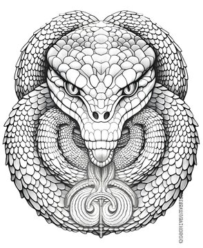 coloring page for adults, mandala, Viper snake image, white background, clean line art, fine line art
