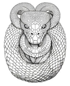 coloring page for adults, mandala, Eastern Diamondback Rattlesnake snake image, white background, clean line art, fine line art