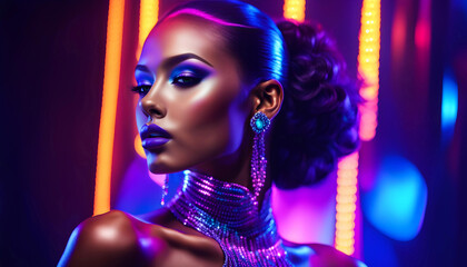 Naklejka na ściany i meble High fashion model with metallic silver lips and personable women in colorful neon ultraviolet blue and violet lights, posing in studio, beautiful girl, glowing makeup, colorful makeup.