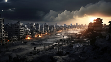 Haunting Twilight Over War-Torn City - obrazy, fototapety, plakaty