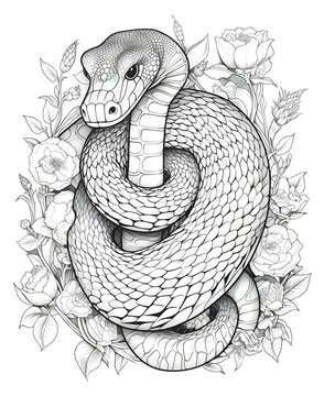 coloring page for adults, mandala, Boomslang snake image, white background, clean line art, fine line art