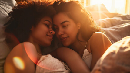 Close-up of two beautiful young couple lying in bed at home in the morning