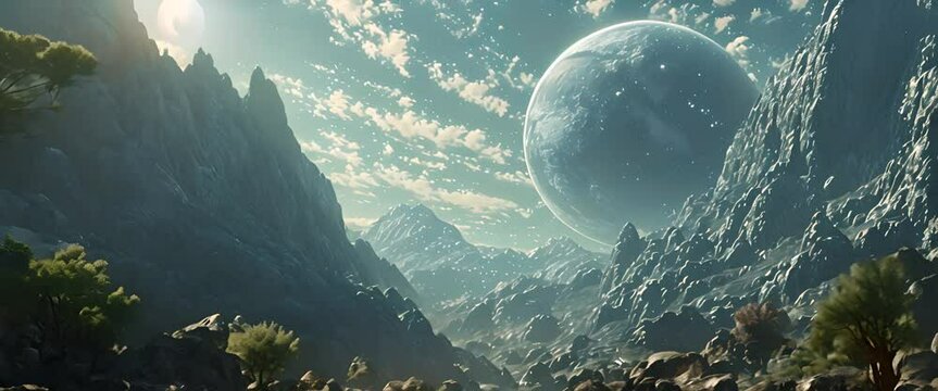 The view of a planet from a rocky alien planet with forest