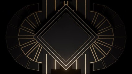 Infinite Looped Gatsby Art deco 20's style animated Frame Tunnel. Gold modern early 20th century ornament builds up and appears on black background. Glamorous template for opener, titles or text