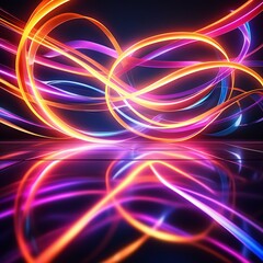 Vibrant neon abstract background with glowing fluorescent lines in a dark room, reflecting on the floor. Dynamic curvy ribbon, panoramic wallpaper, and digital energy transfer concept.