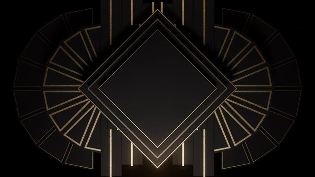 Infinite Looped Gatsby Art deco 20's style animated Frame Tunnel. Gold modern early 20th century ornament builds up and appears on black background. Glamorous template for opener, titles or text