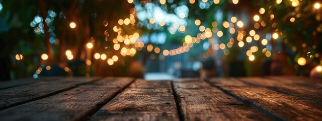 Empty Wood table top with decorative outdoor string lights hanging on tree in the garden at night time.  - obrazy, fototapety, plakaty