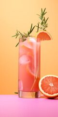 Cold grapefruit cocktail decorated twig rosemary and slice citrus on pink background