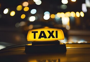 AI generated illustration of a yellow and black taxi sign mounted on the roof - obrazy, fototapety, plakaty