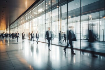Business people walking in a modern glass building