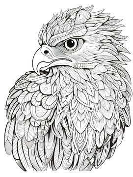 coloring page for adults, mandala, African Crowned Eagle image, white background, clean line art, fine line art