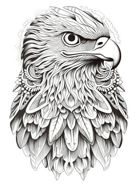 coloring page for adults, mandala, Black-and-chestnut Eagle image, white background, clean line art, fine line art