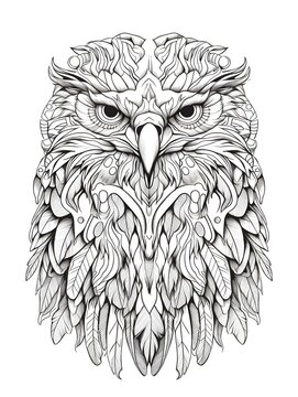 coloring page for adults, mandala, Ornate Hawk Eagle image, white background, clean line art, fine line art