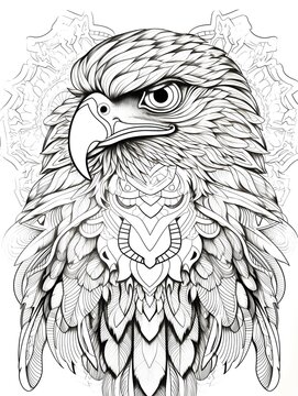 coloring page for adults, mandala, Black-and-chestnut Eagle image, white background, clean line art, fine line art