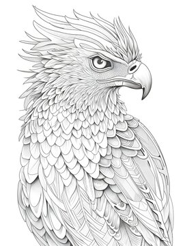 coloring page for adults, mandala, Long-crested Eagle image, white background, clean line art, fine line art
