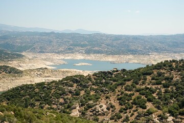 Obraz premium Landscape panorama of Cine Dam Lake (aka Adnan Menderes Barajı, Cine), Aydin, Turkey
