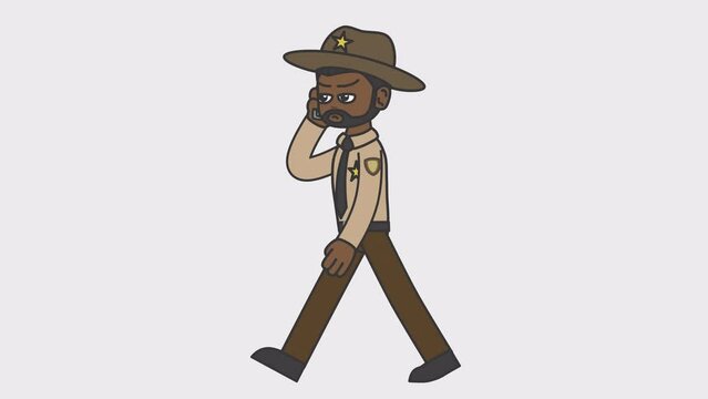 2d animation of walking black male sheriff with a beard talking on the phone. Looped 4K video with alpha-channel.