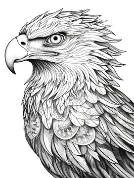 coloring page for adults, mandala, Solitary Eagle image, white background, clean line art, fine line art