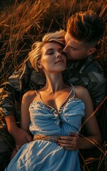 Confident Woman in Blue Dress with Military Man at Sunset