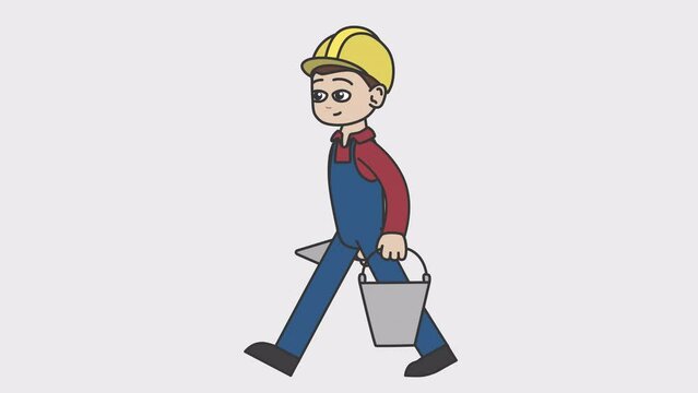 2d animation of walking white male builder in a hard hat holding a spatula and a bucket. Looped 4K video with alpha-channel.