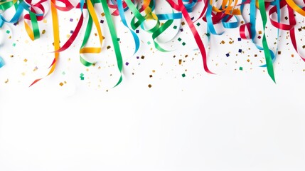 colorful confetti and streamers on white background with copy space - obrazy, fototapety, plakaty