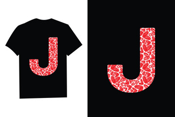 Pink Red Heart Valentines Day Initial Monogram Letter "J" T-Shirt