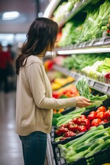 Asian woman buying vegetables in supermarket,