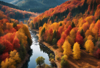 Autumn forest, autumn flower landscape trees mountains leaves water, landscape background