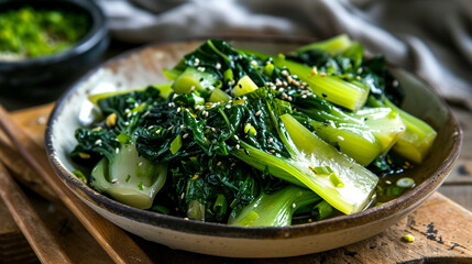 Braised bok choy cabbage is a simple yet flavorful dish that is perfect for a weeknight meal. ai generated. - obrazy, fototapety, plakaty