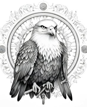 coloring page for adults, mandala, Osprey bird image, white background, clean line art, fine line art
