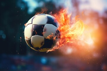 Fototapeta premium This close-up photo captures the soccer ball in mid-flight above the vibrant green soccer field, embodying the excitement and energy of the game in a single, suspended moment