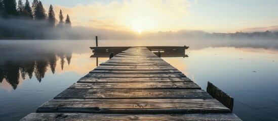 A wooden pier stretches into the calm lake, with fog above. The tranquil water mirrors the pier and the sunrise creates a beautiful sky.