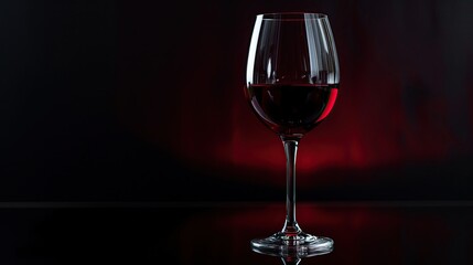 Minimalistic black backdrop, elegant wine glass filled with red wine, subtle reflections. Black dark background or a wallpaper 