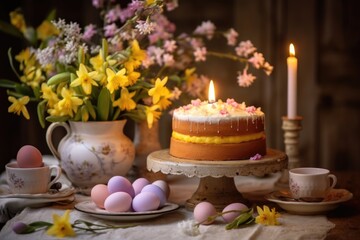 Fototapeta na wymiar An Easter cake surrounded by candles and blooming spring flowers, gracing a festively set table, evoking the spirit of Easter celebration
