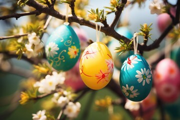 Sunlight filters through a canopy, illuminating Easter eggs on a tree
