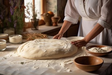 Fototapeta premium Kneading dough for Greek Easter bread, surrounded by a rustic assortment of ingredients and traditional baking utensils