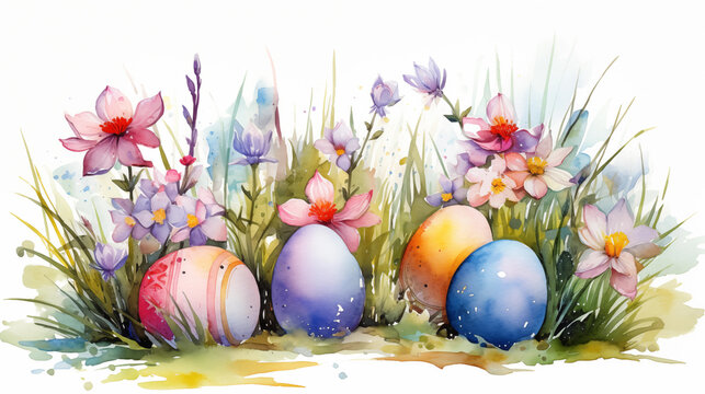 Watercolor illustration of easter eggs between flowers in the grass. Easter card. Generative AI